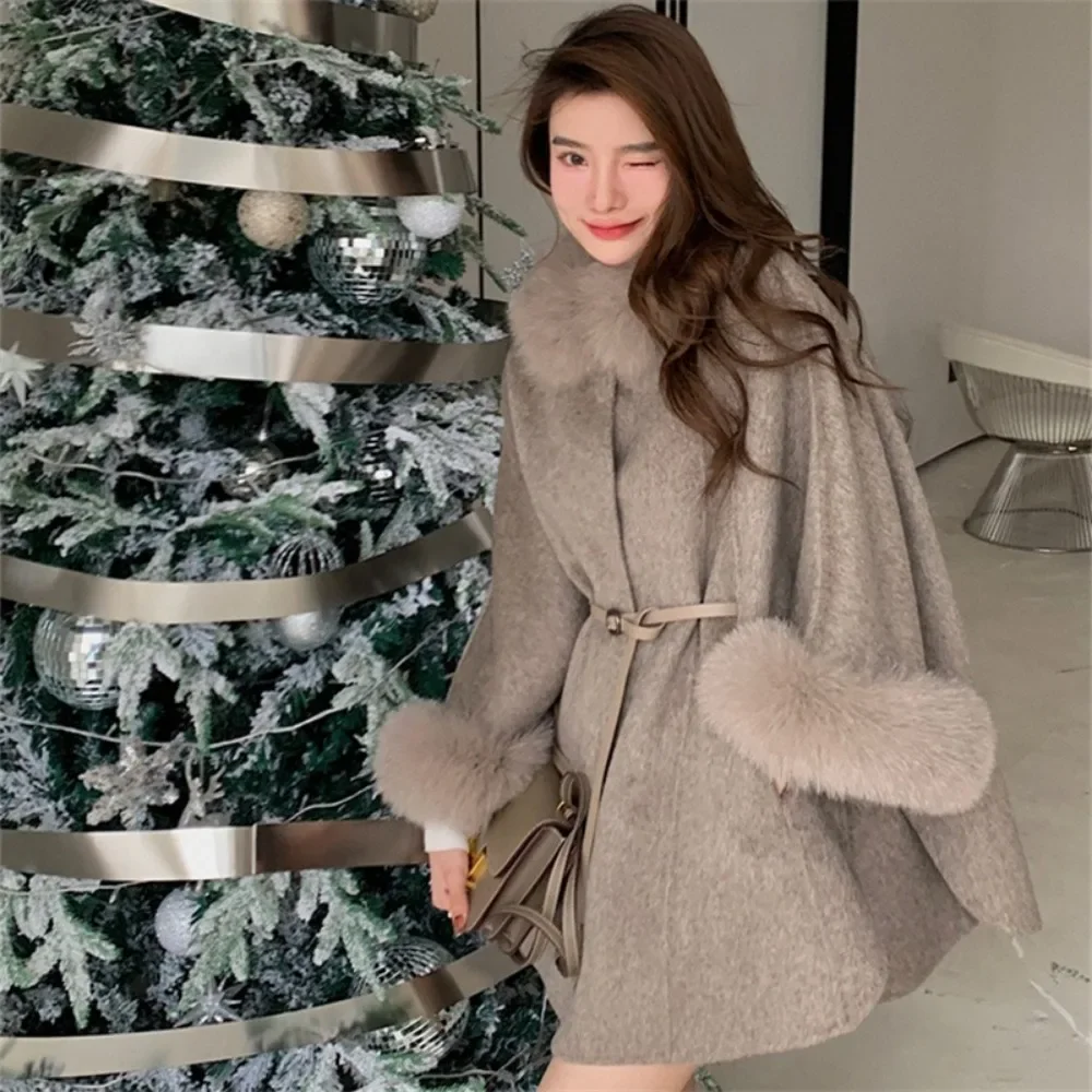 Fur Sleeve Detachable Real Fox Fur Collar Coat Wool 2024 New Autumn Winter Women\'s Warm A-line Jacket Luxury Thick Female Coat