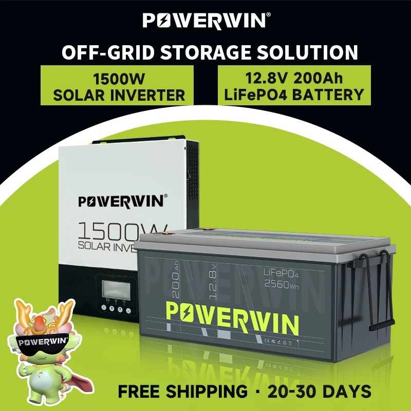 POWERWIN BT200 LifePO4 12V 200Ah/2560Wh HI1500 1500W 12V Hybrid Solar Inverter Pure Sine Wave 80A MPPT Off-grid LCD 12V Battery