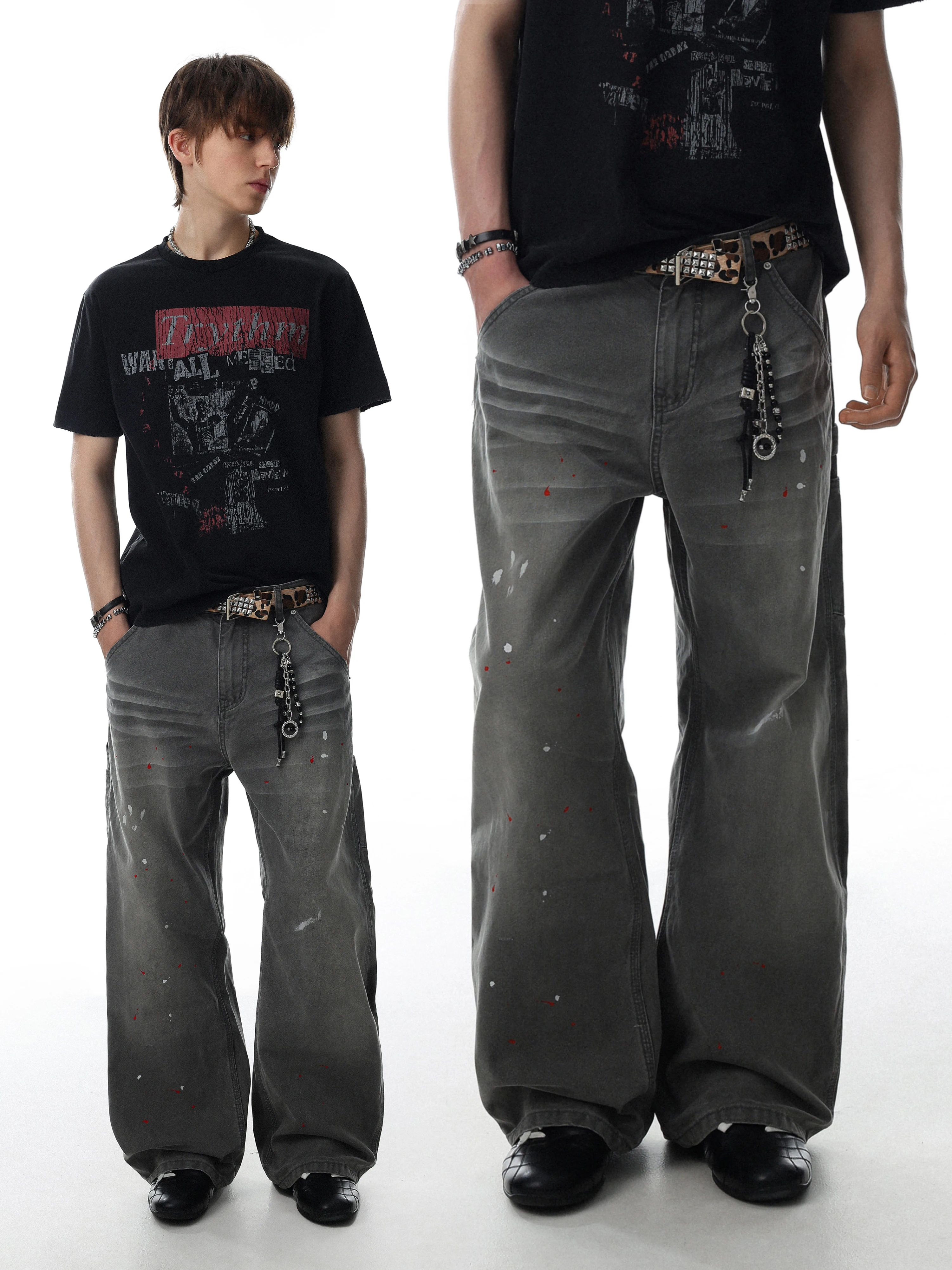 Retro American Vintage Distressed Ink Design Men's Loose Straight Leg Street Casual Long Jeans Trendy Cotton Straight Tube Pants