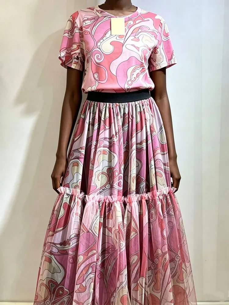 Retro 2026 Fashion Mesh Suit T-Shirt Short Sleeve Printed Elastic Top High Waist Fluffy Skirt Temperament Two-Piece Suit