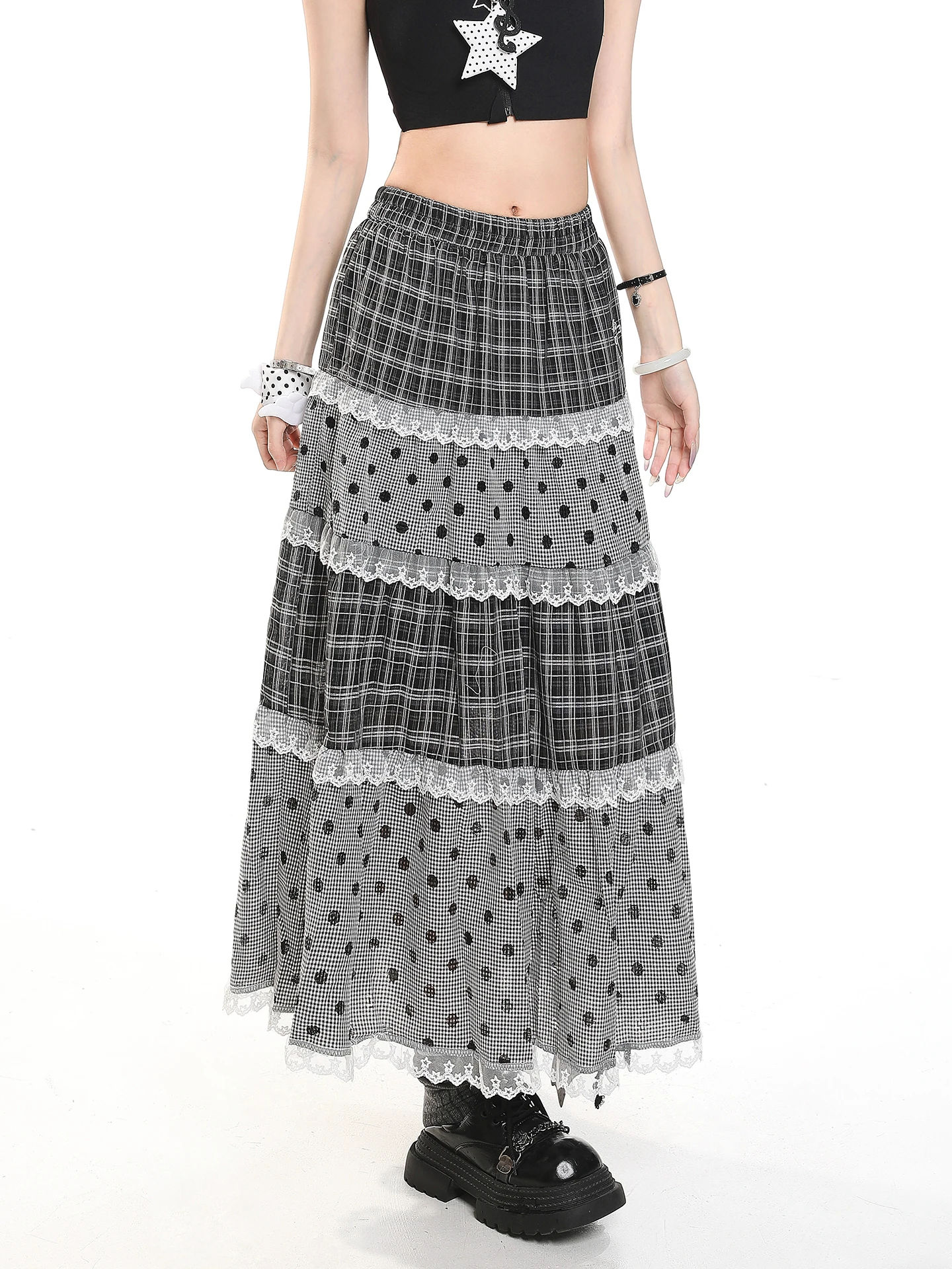Sweet Girl Lace Trim Polka Dot High Waist Cake Skirt Women's Plaid Long Splicing Half Skirt Layered Skirt Elegant Style