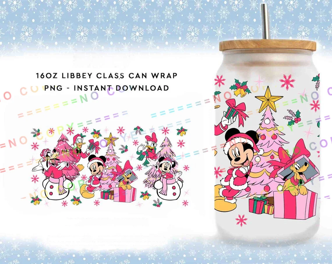 Disney Christmas Mickey Minnie UV DTF Transfer For 16oz Wrap GLASS Cups DIY Waterproof Decals Sticker Cute Characters Christmas