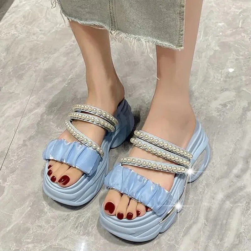 Zomer Platform Bling Sandalen Vrouwen Ademende Wiggen Hoge Hakken Dames String Kraal Strand Slippers Dikke Schoenen Sandalias Mujer