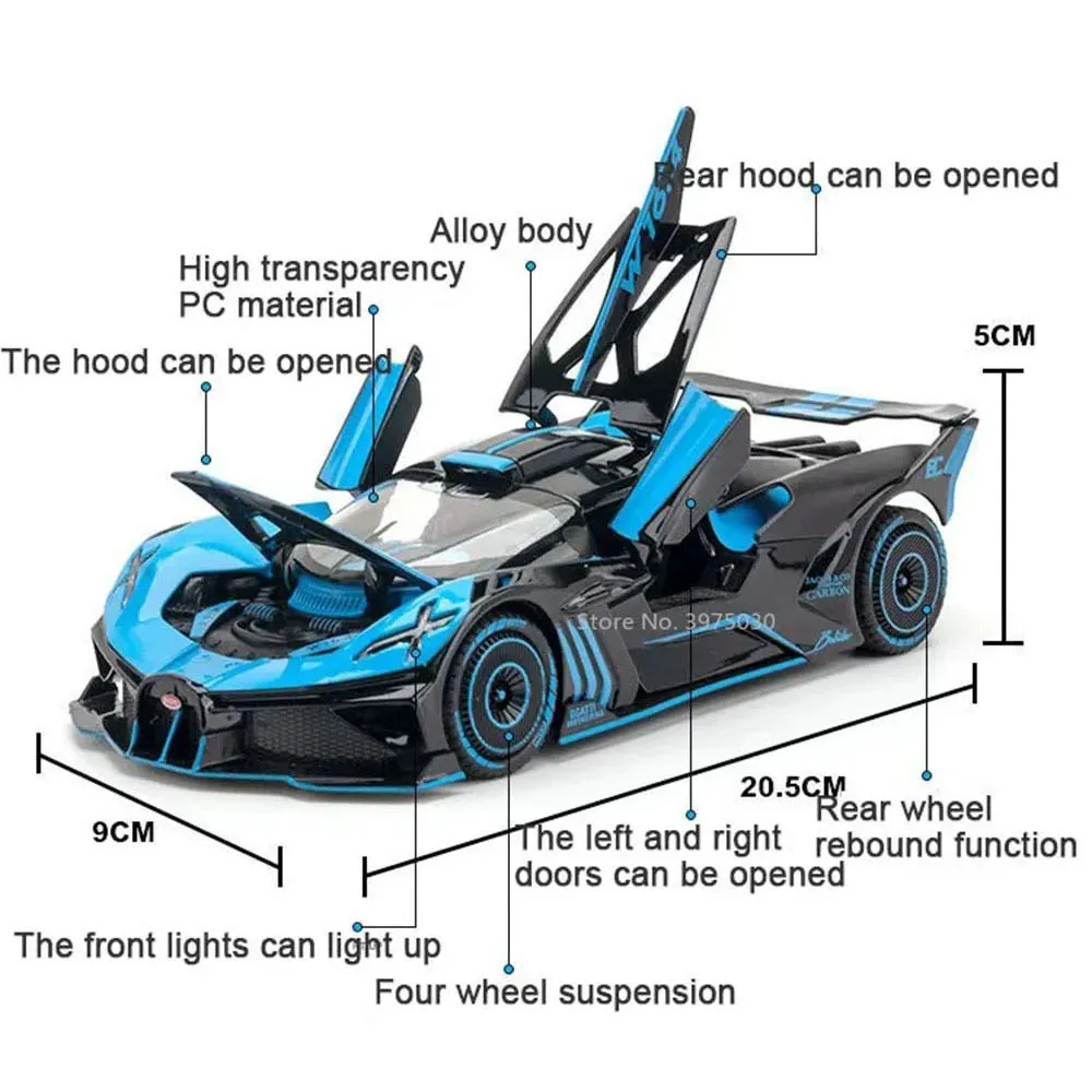 1:24 La Voiture Noire Bolide Spielzeugauto-Miniaturmodell mit Sound-Licht, zurückziehbar, 4 Türen, geöffnete Fahrzeugmodelle, Geschenke zum Kindertag