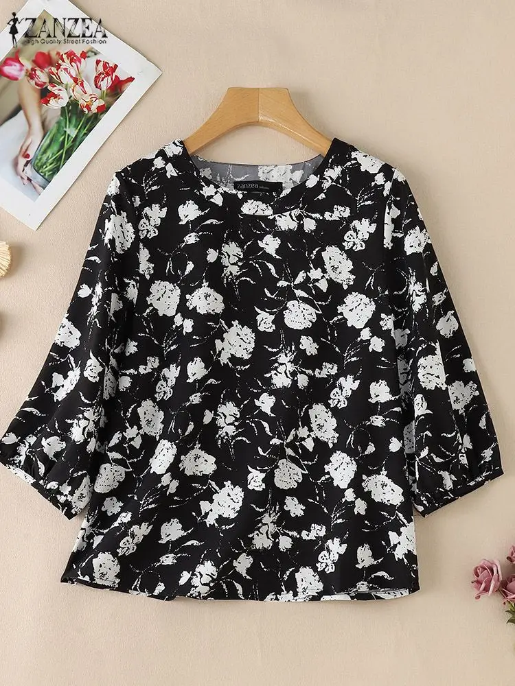 ZANZEA Holiday Autumn 2024 Blouses O neck Loose Floral Printed Vintage Tunic Tops Women Casual 3/4 Sleeve Leisure Blusas Mujer