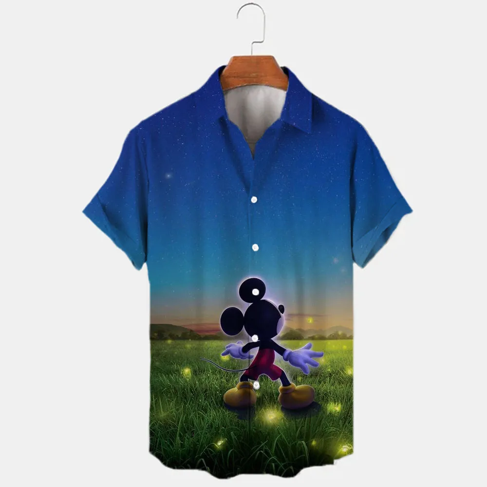 2024 Summer Harajuku Mickey and Donald Duck Cartoon 3D Printing New Short Sleeve Lapel Shirt Slim Men Fashion Casual Men's Tops