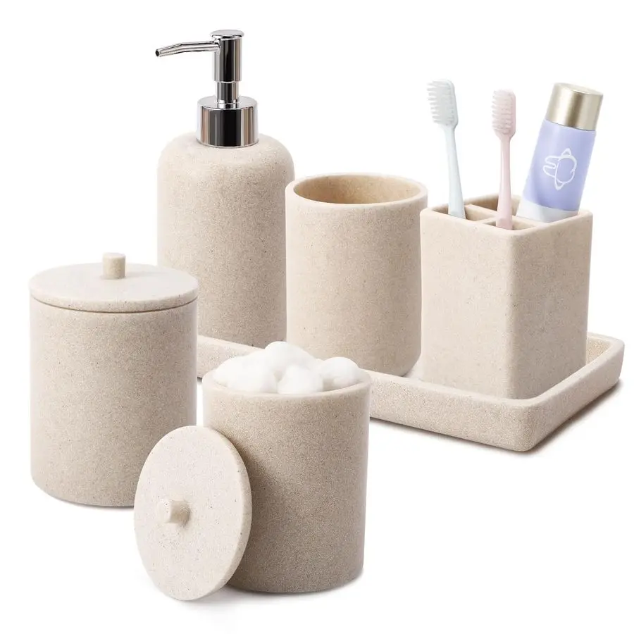 

6 Pcs Beige Bathroom Set Complete with Toothbrush Holder, Lotion Soap Dispenser, 2 Qtip Holder Dispensers,Vanity Tray,Bathroom T