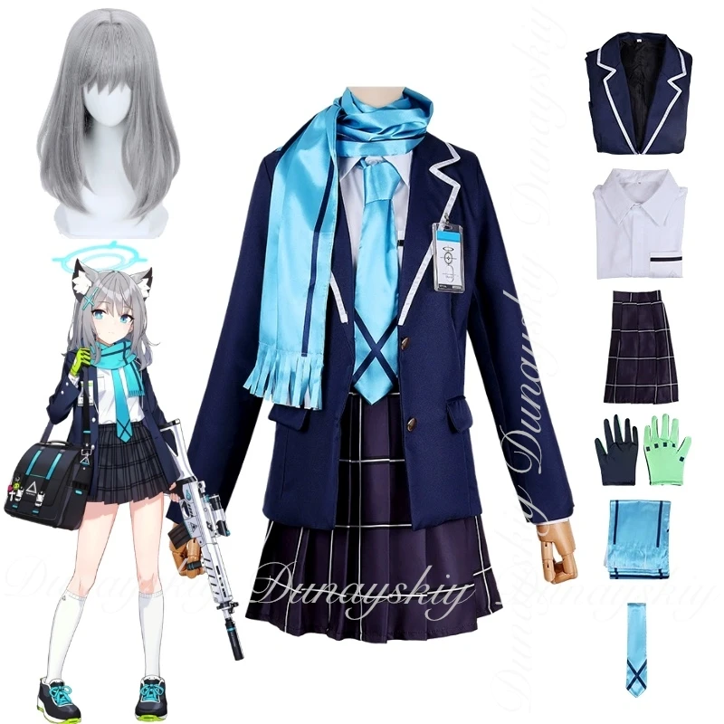 

Blue Archive Sunaookami Shiroko Cosplay Silver-Gray Medium-Length Wig Blue JK Uniform Full Set