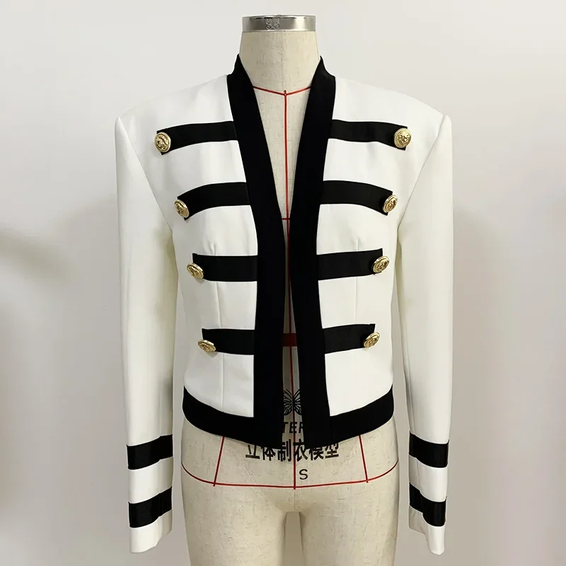 Women\'s White Black Patchwork Blazer Jacket Newest 2024Designer Collarless Lion Buttons Female Clothing Fashion Lady Band Coats