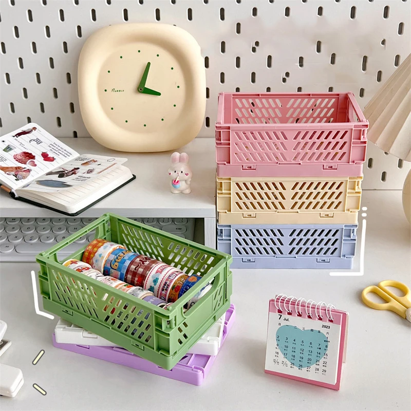 1pc Mini Folding Plastic Storage Box Student Desktop Organizer Handbook Tape Stationery Folding Basket Storage Basket