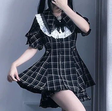 Y2K Subculture Spring Summer Girl Sweet Lace Short Long Sleeve Black Dress Fashion High Waist A-line Japanese Dresses Shorts Set