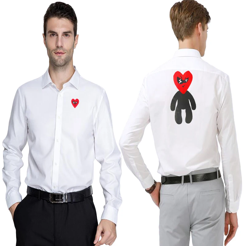 Men Spring Autumn Shirt Heart Embroidered Cartoon Character Back Print Polyester Lapel Single Breasted Long Sleeve Loose Shirt