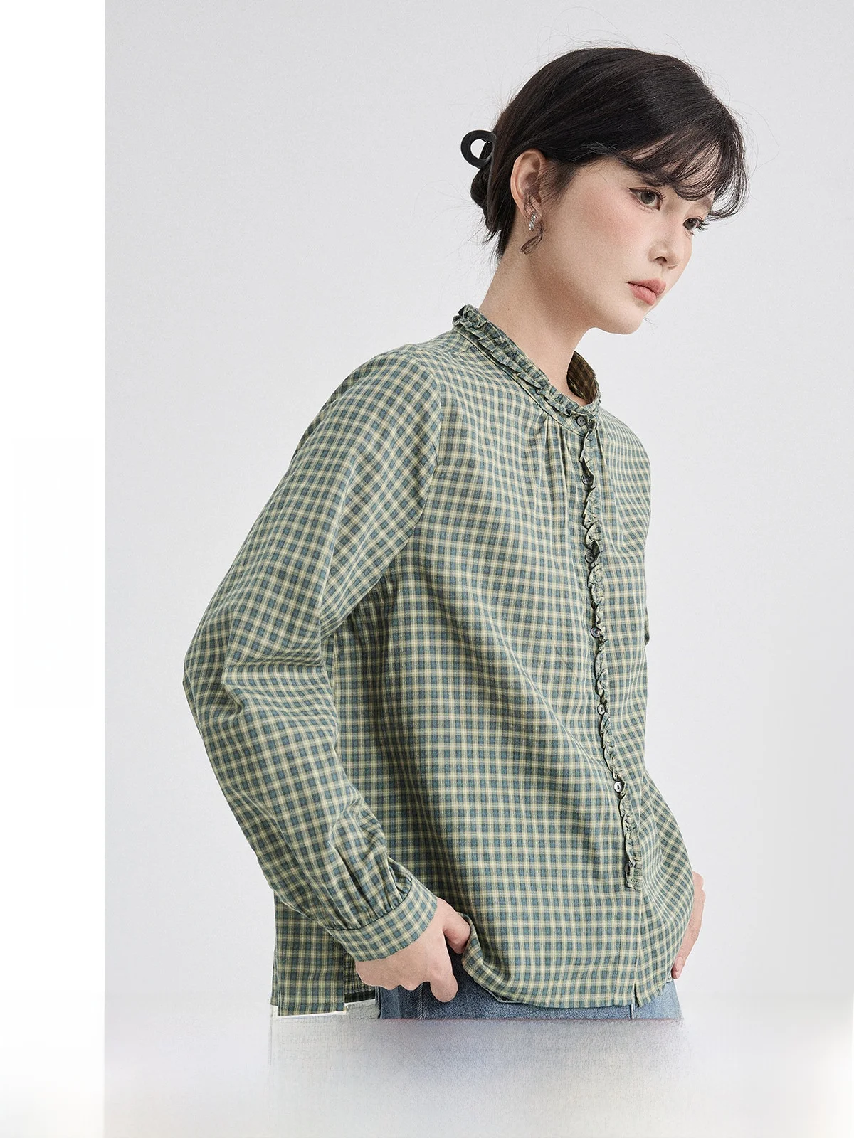 

Женская свободная повседневная рубашка Guier в клетку, винтажный дизайн, новинка весны, с деревянной отделкой, длинными рукавами, на пуговицах