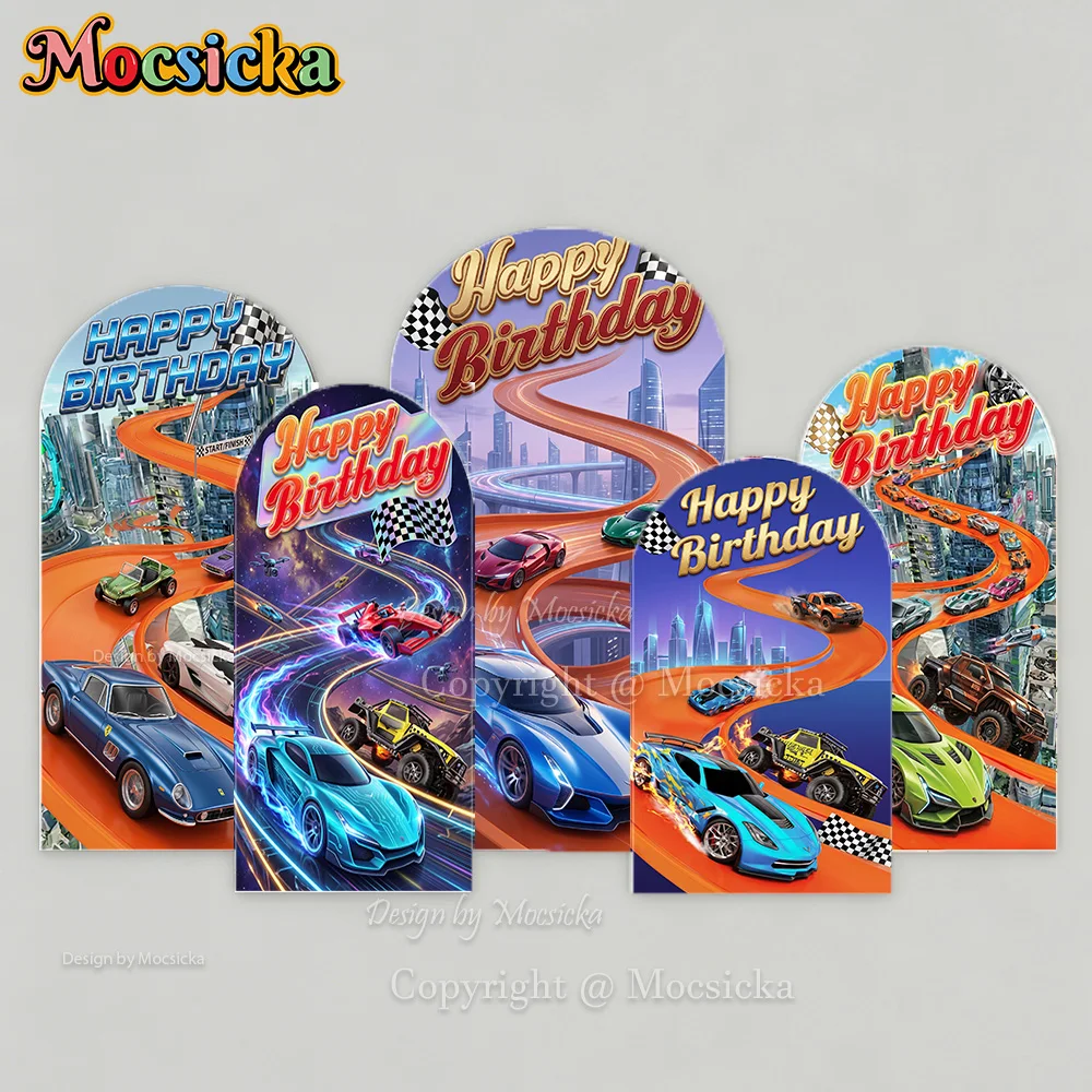 Mocsicka Toile de fond personnalisée à double face avec arche, thème Joyeux Anniversaire, Piste de Course Urbaine, Voitures de Sport, pour Photos d'Anniversaire de Garçon