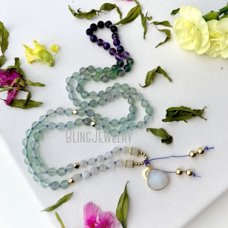 MN43570 Mala Beads Necklace With Moonstone Rainbow Fluorite 108  Prayer  Yoga Gift