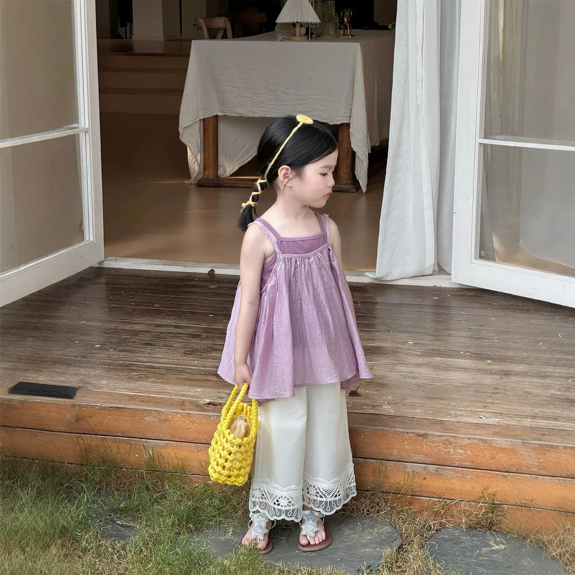 Girls Summer Purple Temperament Layered Loose Camisole Purple Vest Lace Wide Leg Pants 2026 New
