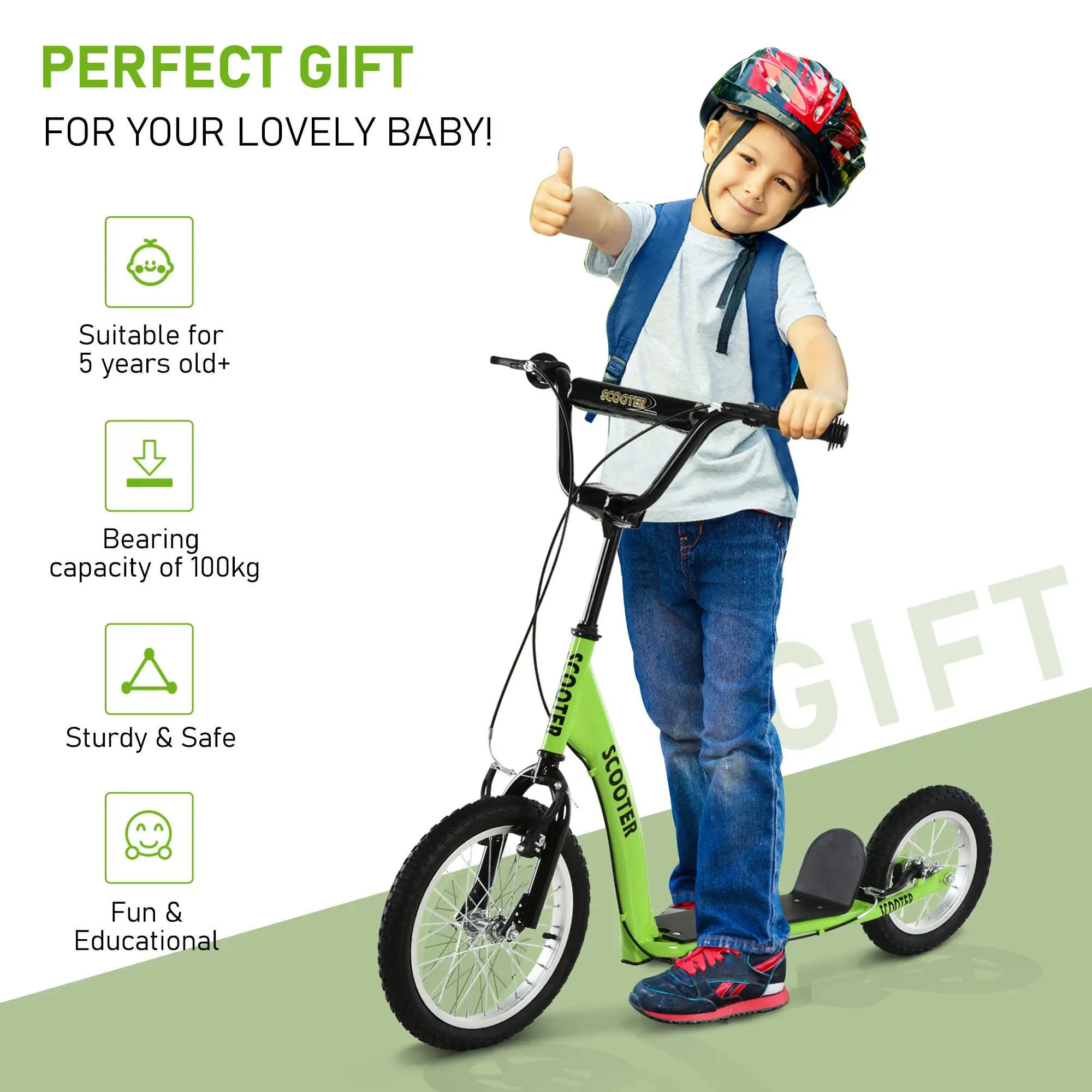 Youth Scooter Kick Scooter for Kids 5+ with Adjustable Handlebar 16" Front and 12" Rear Dual Brakes Inflatable Wheels, Green