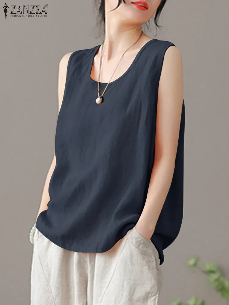 2024 ZANZEA Summer Tanks Tops Women Fashion Sleeveless O Neck Blouse Elegant Solid OL Work Shirt Beach Vest Tunic Mujer Oversize