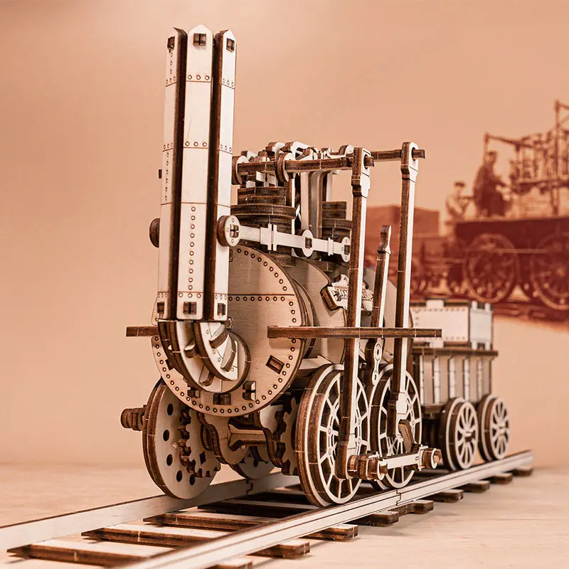 Mechanical Transmission Wooden Steam Train Model DIY Assembly Track Locomotive 3D Puzzle Educational Toy Unisex Birthday Gift