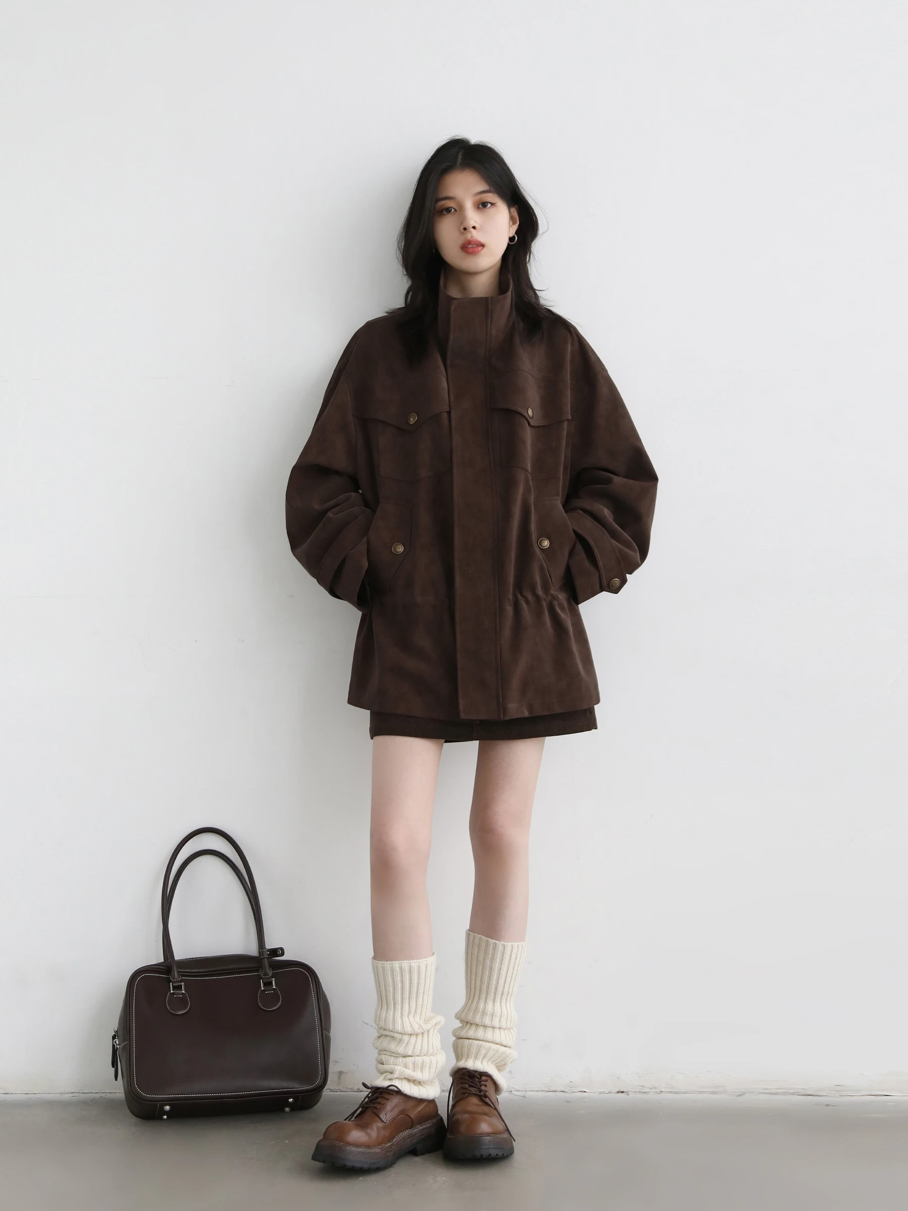 CHIC VEN nuevas mujeres abrigo de piel sintética cuello alto Retro ante nuevo cintura ajustable longitud media chaqueta femenina Otoño Invierno 2025