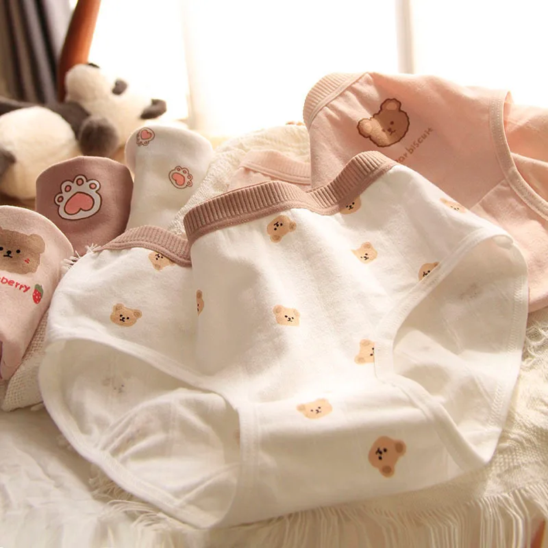 NEW 1/5PCS Cartoon Bear Patterned Cute Women's Underwear Low Waist Student Breathable Cotton Panties Soft Kawaii Seamless Briefs