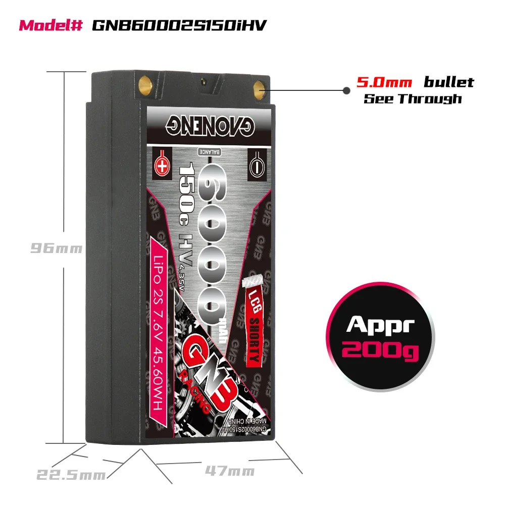 GAONENG GNB 6000mAh HV 2S 150C 300C 7.6V Shorty Pack See Through 5mm Wbudowana bateria LiPo w kształcie kuli 1/10 1:10 Skala RC