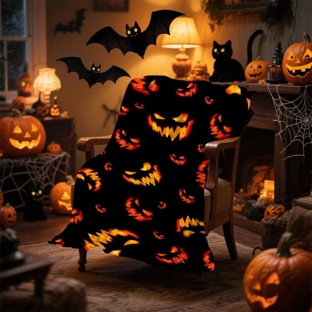 

1pc Black Orenge Halloween Blanket Pumpkin Skull Bats Printed Skin-Friendly Soft Blanket 2025 New for Home Halloween Decoration