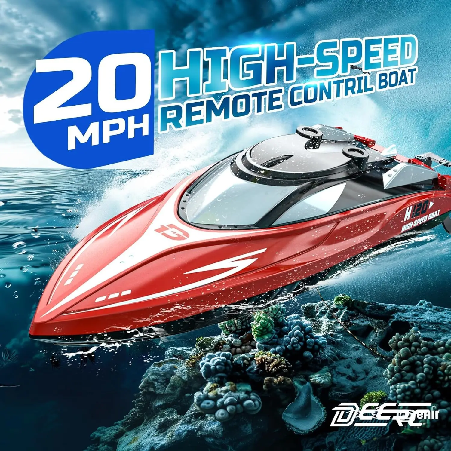 DEERC H120 2.4GHz RC Boat, 20+ MPH, Pool/Lake, Rechargeable Battery, Capsize Recovery, Low Battery Alarm