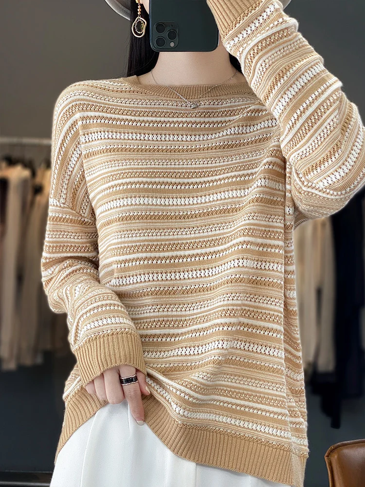 Fashion Versatile Wool Stripe Color Block Sweater Women's Top Underlay Hollow Loose Cashmere Knit