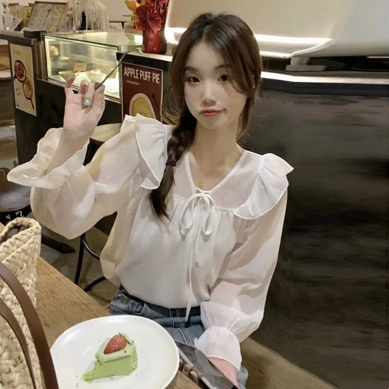 Autumn New Fashion Casual V-neck Chiffon Long Sleeved Shirt Korean Style Youthful Wind Vintage Elegant Loose Versatile Lady Top