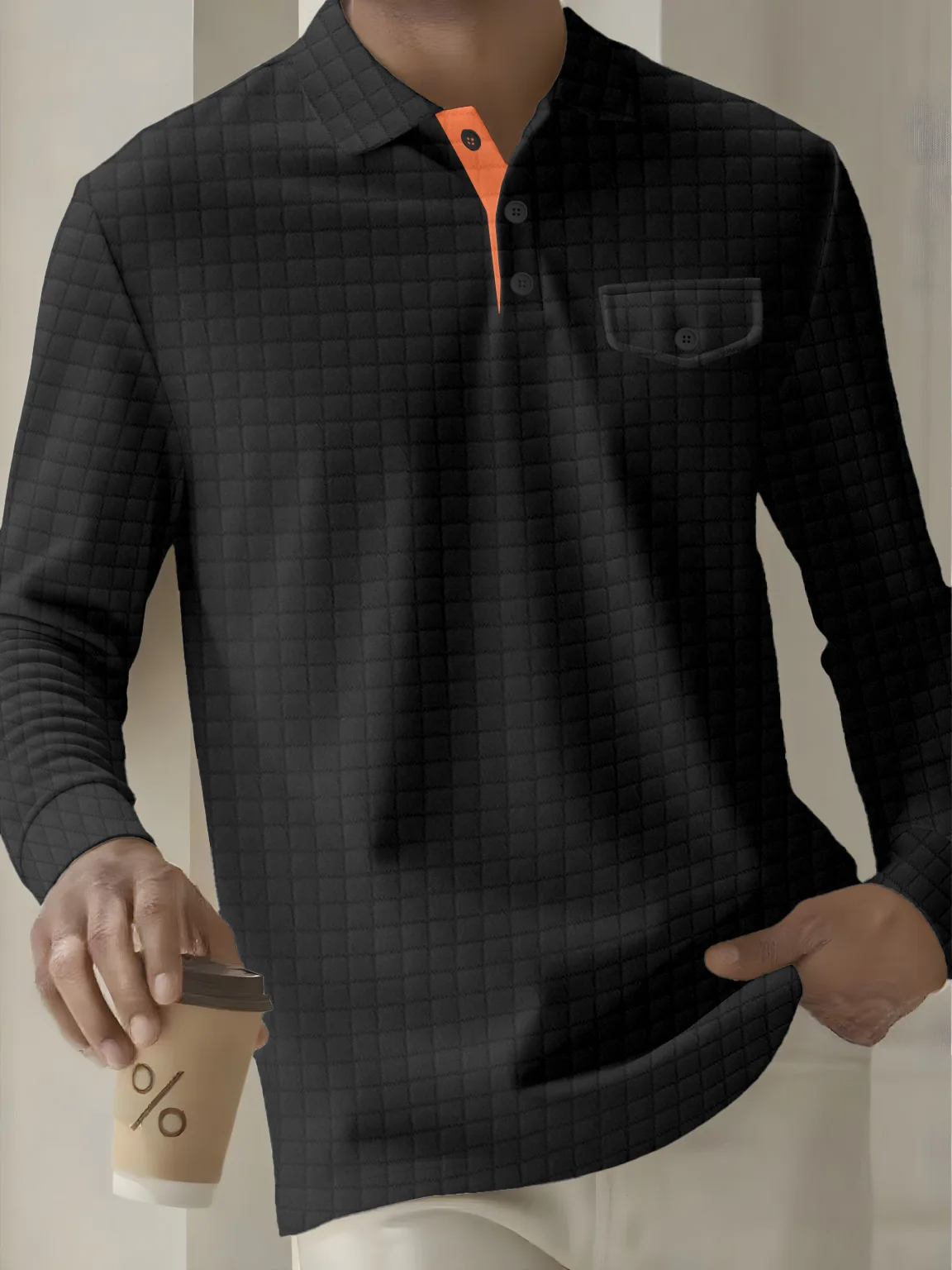 

Men's polo shirt with fashionable checkered pockets, buttoned collar, solid color, for casual sports wear, long sleeves