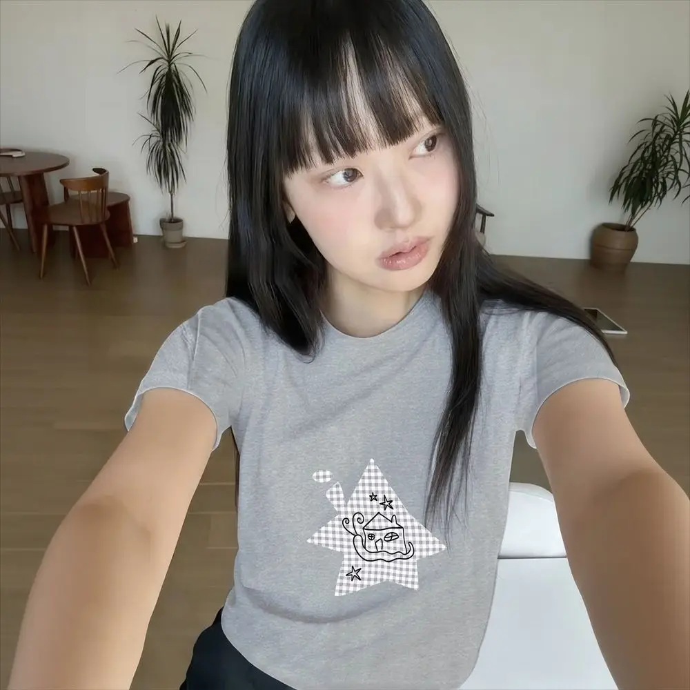 Star House Graphic T-Shirt Women Y2k Summer Short Sleeve Gingham Print Vintage Tops Female Clearance Sales Women's Clothing