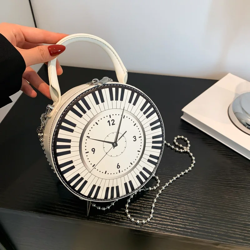 Women PU Retro Clock Dial Handbag Large Capacity Black White Piano Clock Shoulder Purse Clock Shape Crossbody Bag Top Handle Bag