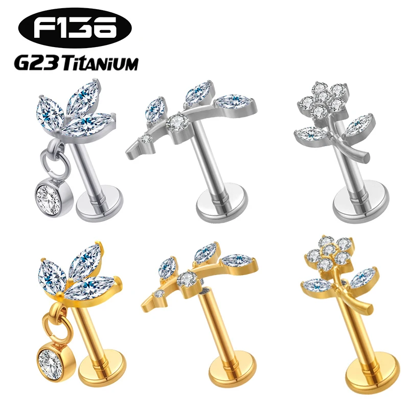 

1PC ASTM F136 G23 Titanium Piercing Labret Studs Internal Thread CZ Leaf Helix Conch Cartilage Lip Stud Earrings Body Jewelry