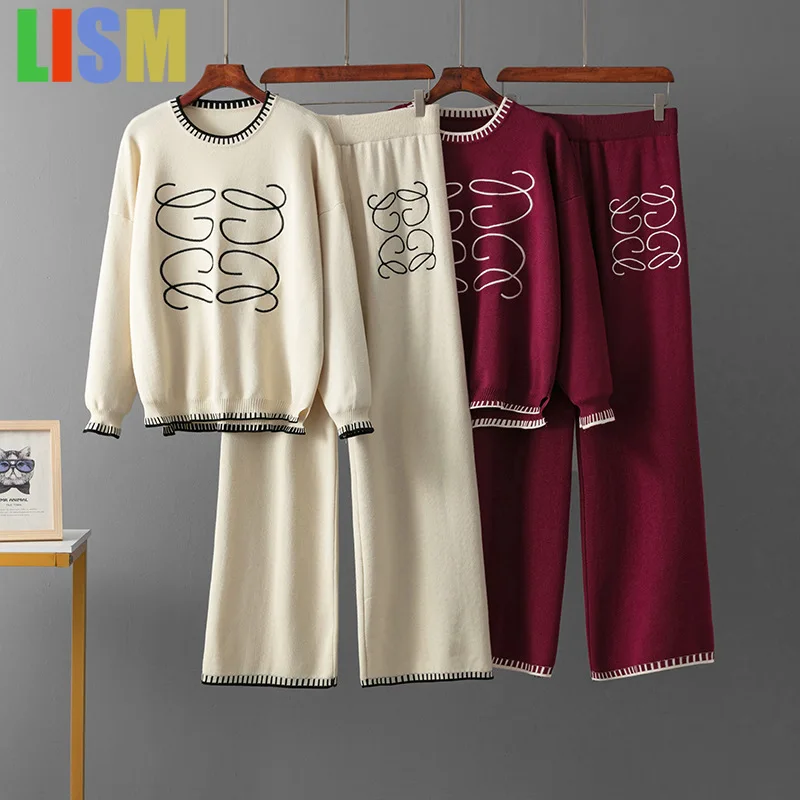 

LISM winter two piece set Jacquard Knitted Tracksuit for woman outfit Women's Trendy Loose Woolen Casual Wide Leg Pants Set