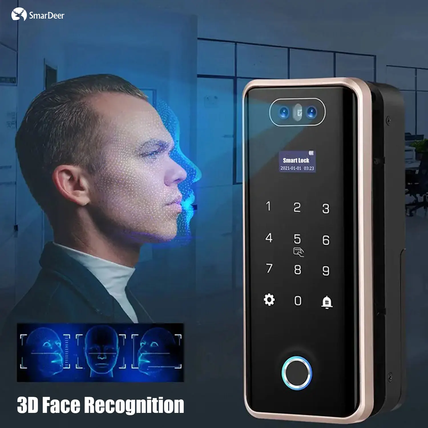 SmarDeer 3D Facial Recognition Intelligent Lock for Tuya Fingerprint Lock with Sliding Glass Door Wifi Electronic Door Lock