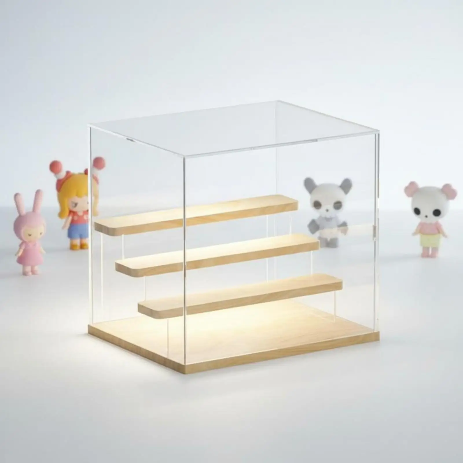 Acrylic Display Case Wooden Shelves Stepped Shelf Display Case Dust Protection Collectible Showcase
