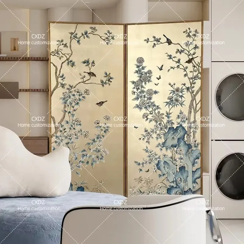 Retro Cream Screen Folding Partition for Living Room Entrance Background Wall Silver Foil Lacquer Painting for Tea Room