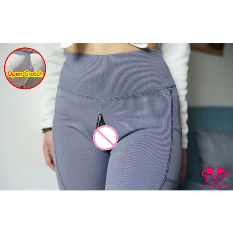 Woman Sexy High Rise Open Crotch Leggings Underwear Seamless Double Zippers Pockets Crotchless Panties Outdoor Sex Pants Briefs