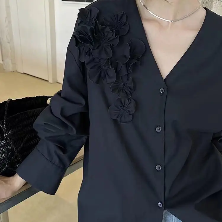 

Extra Large Size 300 Pounds Luxury Feel V-neck Long Sleeve Shirt Men Women Spring Autumn New Style Versatile Floral Embroidery