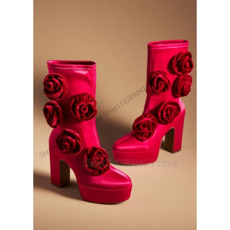 Rose Red Corduroy Appliques Decor Platform Boots Slip On Women Shoes Chunky High Heels Fashion Party 2023 Zapatos Para Mujere