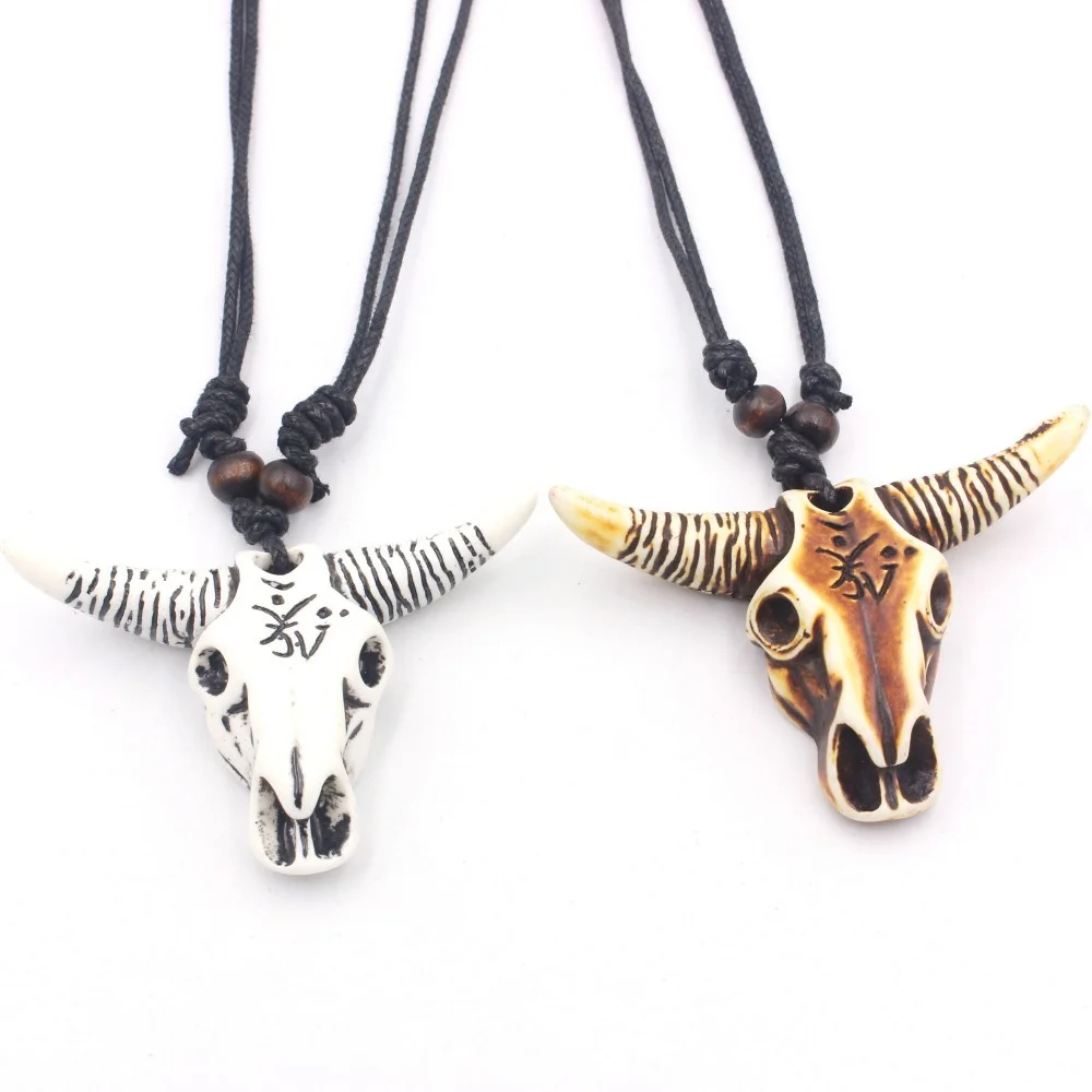 Men\'s Necklace Cow Skull Pendant Cool OX Head Choker Retro Jewelry Tribal Style Imitation Yak Bone Necklace Amulet Gift