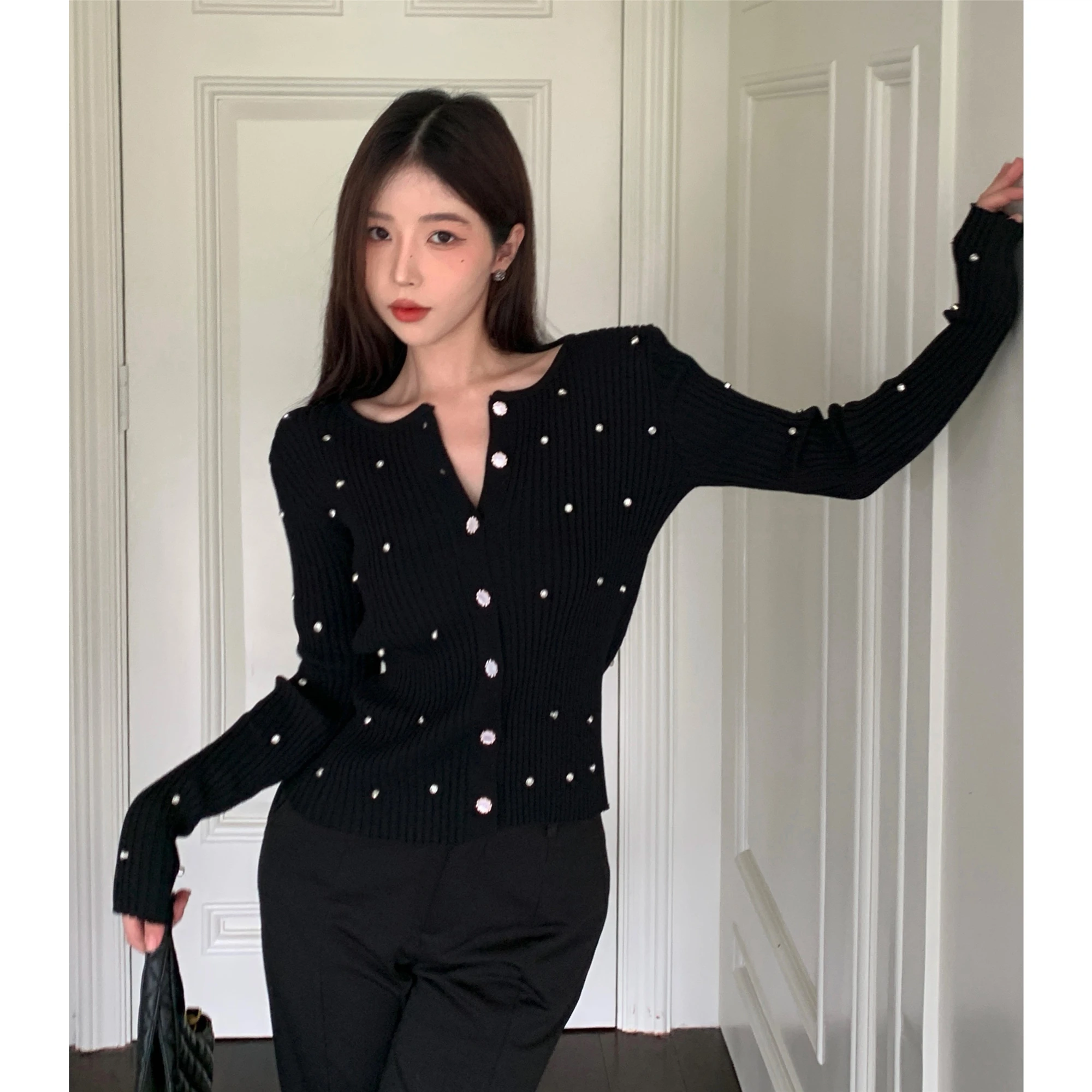 Mosaic Diamond O-neck Knitted Crop Top Sweater Cardigan Bodycon Kawaii Korean Blusa Termica Cute Black Fall Winter Pull Femme