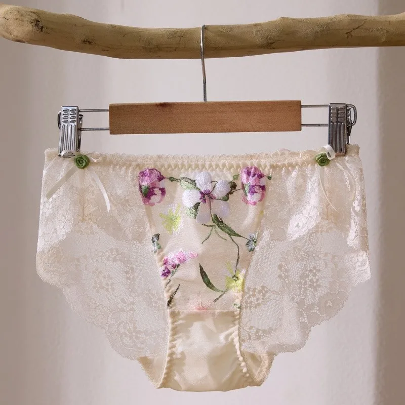 Lace See Through Women Sexy Lingerie Low Waiste Flower Embroidery Bow Sissy Briefs Comfortable Breathable Daily Wear Panties view 6