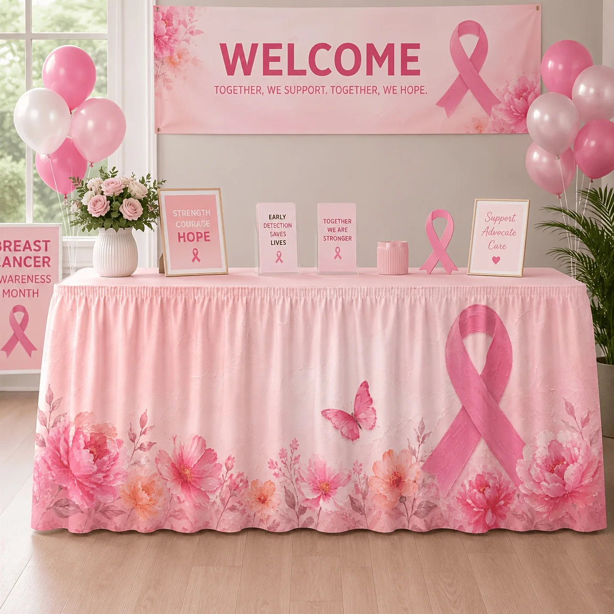 1 tablecloth table skirt breast cancer prevention table skirt texture oil painting pink peony flower pink butterfly pink