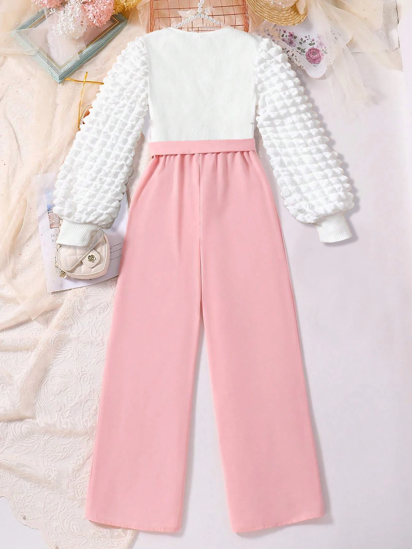 2PCS Girl\'s Outfit Puff Fabrics Long Sleeve Top + Solid Straight Pants Set, Comfy Casual Girls Spring/Fall Clothes