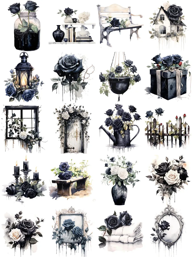 20Pcs/Pack Black Rose Flower Sticker DIY Craft Scrapbooking Album Junk Journal Decorative Stickers