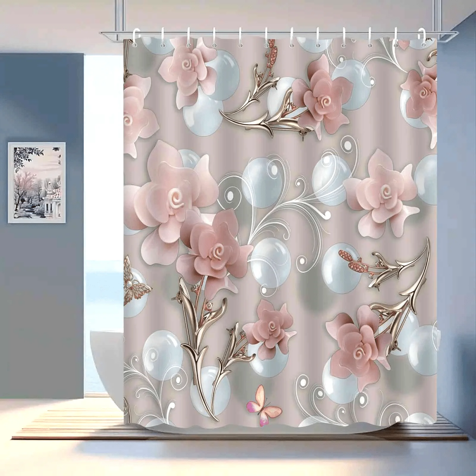 

Pink Flowers Digital Print Shower Curtain Romantic Floral Bathroom Decor Waterproof Bath Curtain for Home Decoration