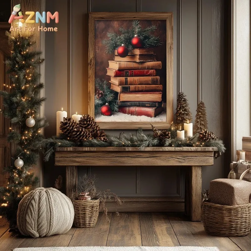 Vintage Christmas Book Stack Pine Red Ornaments Canvas Poster Prints Frameless Wall Art Rustic Festive Holiday Cozy Winter Decor