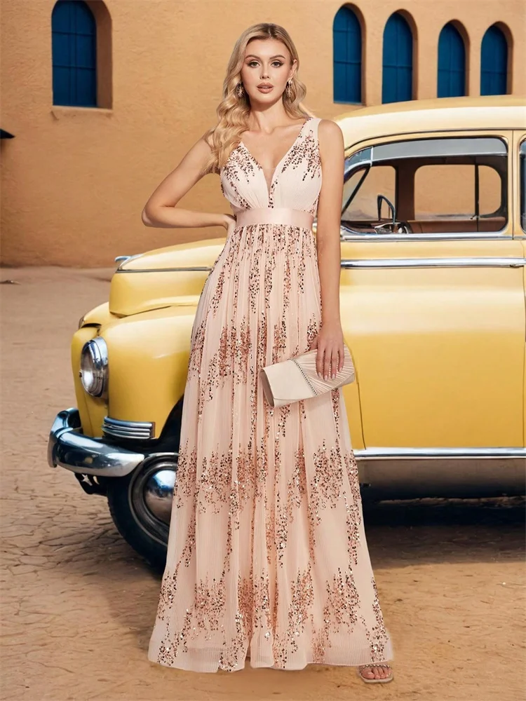 BLUEPLUM New Luxury Beige Sequin V-Neck Evening Dress Women Chiffon Wedding Party Prom Floor Lenght Cocktail Bridesmaid Gowns